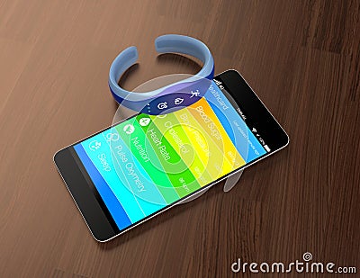 Smart band and smart phone on the table Stock Photo