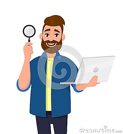 Smart bearded young man showing/holding magnifying glass and laptop computer in hand. Search, find, discovery, analyze, inspect. Vector Illustration