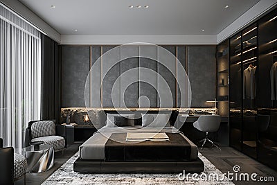 Smart Bed Room Stylish Furnishings and Black-Themed Decor, 3D rendering Stock Photo