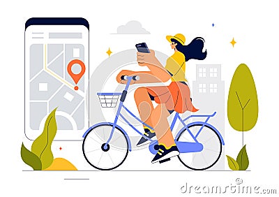 Smart Bike Vector Illustration featuring a Navigation App with a Map, Location Pin, and Tracking Mobile Applications Concept Vector Illustration