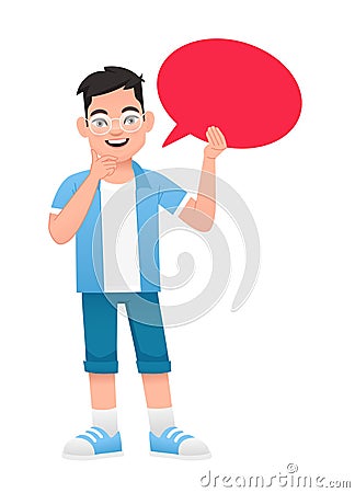 A smart boy with glasses holds a red empty oval speech bubble in his hand. The concept of children's opinion. Vector Illustration