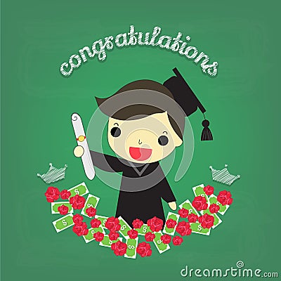 Smart boy graduate with flower and money on board Vector Illustration