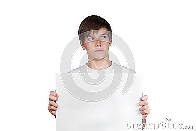 Smart boy with sheet of paper isolated on white Stock Photo