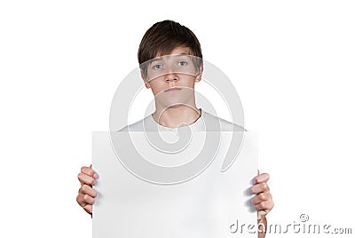 Smart boy with sheet of paper isolated on white Stock Photo