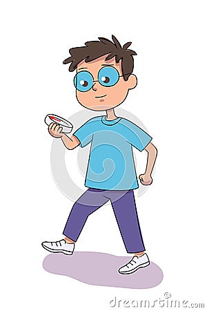 Smart boy walking with compass isolated on white Vector Illustration