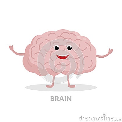 Smart brain cartoon character isolated on white background. Brain icon vector flat design. Healthy strong organ concept Vector Illustration