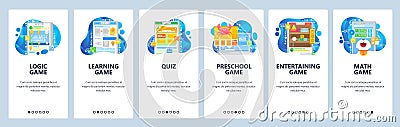 Smart brain mobile phone games. Logic game, quiz, learning, kids development, math. App onboarding screens. Menu vector Vector Illustration