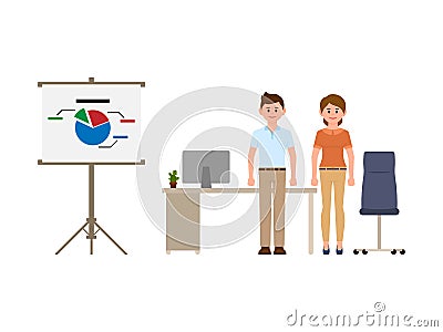 Smart business man and woman standing near office desk, flip chart and chair. Cartoon character casual look. Vector Illustration