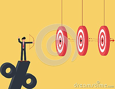 Smart businessman archery hit multiple bullseye with single arrow. Vector Illustration