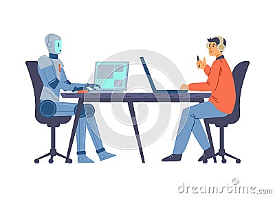 Smart businessman robot works with employer in office on laptop in flat vector Vector Illustration