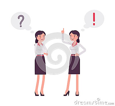 Smart businesswoman, entrepreneur, business manager with exclamation, question mark bubble Vector Illustration