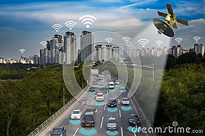 Smart car, Autonomous self-driving mode vehicle on metro city road IoT concept. Stock Photo