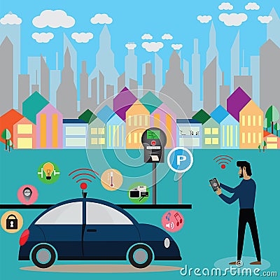 Smart car concept, user command remote control system from application. Vector Illustration