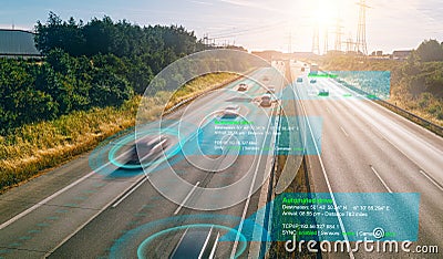 Autonomous self-driving mode vehicle on highway road iot concept with graphic sensor radar signal system Stock Photo