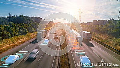 Autonomous self-driving mode vehicle on highway road iot concept with graphic sensor radar signal system Stock Photo