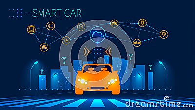 Smart car wireless network connection with smart city Vector Illustration