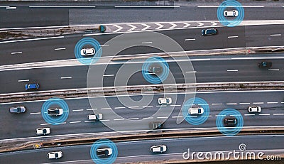 Smart cars driving on the road, driverless vehicles Stock Photo