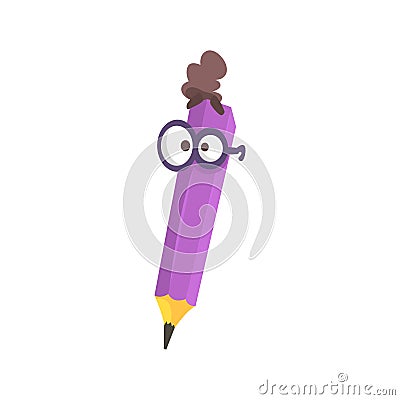 Smart cartoon purple pencil comic character wearing glasses, humanized pencil with funny face vector Illustration Vector Illustration