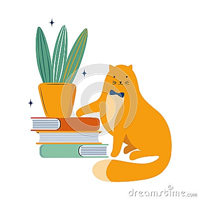 Smart cat is a literary fan. Cat likes to read and learning. Favorite pet. Funny cartoon kitten with a bow around its neck sits Stock Photo