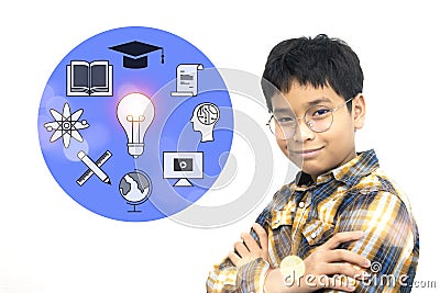 Smart child and light bulb, brainstorming, graduation hat and idea concept of education. thinking of future career or graduation Stock Photo