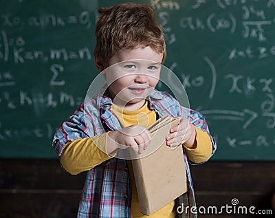 Smart child on smiling face, holds book in hands. Kid, preschooler or first former, chalkboard on background, defocused Stock Photo