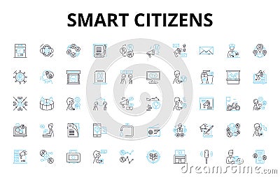 Smart citizens linear icons set. Connected, Digital, Innovative, Aware, Proactive, Collaborative, Engaged vector symbols Vector Illustration