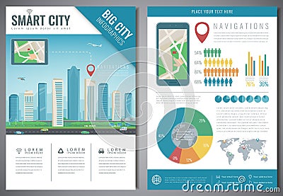 Smart city brochure with infographic elements. Template of magazine, poster, book cover, banner, flyer. City navigation Vector Illustration