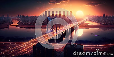 Smart city coming to life as the sun sets and the city lights up Generative AI Stock Photo