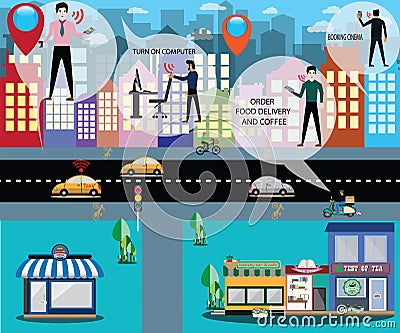 Smart city concept, business smart city, internet connection, socia Vector Illustration