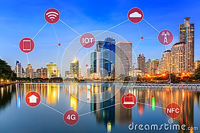 Smart City Concept Illustrated by Networking and Internet of Things or IOT Stock Photo