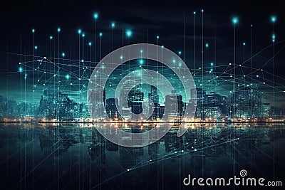 Smart city concept. Telecomunication, internet, mobile, cloud computing background, created by AI Stock Photo