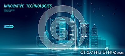 Smart city 3D neon glowing cityscape. Intelligent building automation night futuristic business concept. Web online blue Vector Illustration