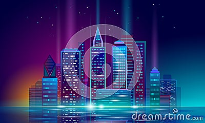 Smart city 3D neon glowing cityscape. Intelligent building automation night futuristic business concept. Web online Vector Illustration