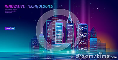 Smart city 3D neon glowing cityscape. Intelligent building automation night futuristic business concept. Web online Vector Illustration