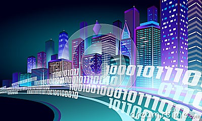 Smart city 3D neon glowing cityscape. Intelligent building highway route night futuristic business concept. Web online Vector Illustration