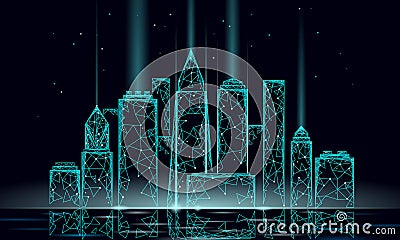 Smart city 3D polygonal wire mesh. Intelligent building automation system business concept. Water reflection texture Vector Illustration