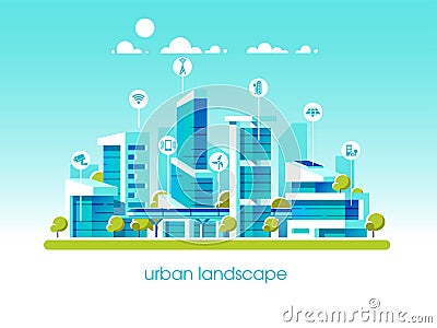 Smart city flat. Cityscape background with different icon and elements. Modern architecture. Mobile phone control. Vector Illustration
