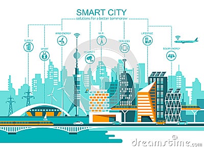 Smart city flat. Cityscape background with different icon and elements. Modern architecture. Vector Illustration