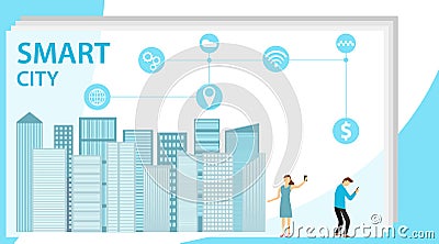 Smart city. Flat tiny urban city data collection persons concept. Mobile wireless communication with town water Vector Illustration