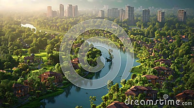 The smart city of the future. Houses in the dense greenery of trees against the background of high-rise buildings. Stock Photo