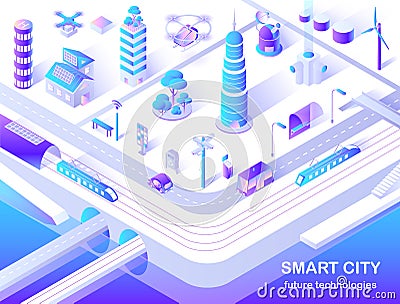 Smart City Future Technology Isometric Flowchart Vector Illustration