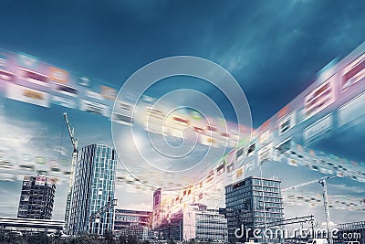 Smart city. 5G, IOT, communication network concept. city, artificial intelligence, computer network, internet of things, mobile da Editorial Stock Photo