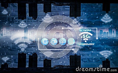 Smart city with 5G network and wireless system, internet of things cover,background city landscape and skyscrapers, with modern Stock Photo