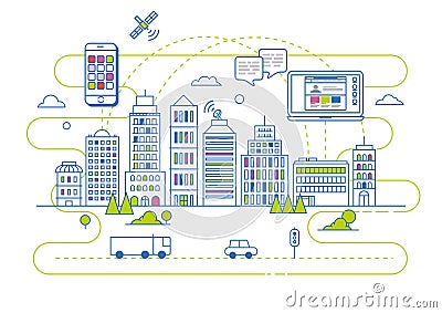 Smart City Illustration in Flat Linear Vector Style Stock Photo