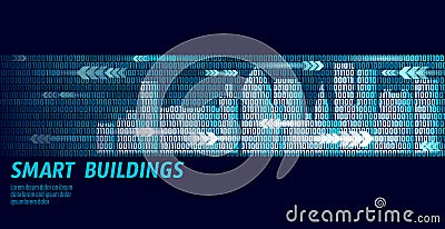 Smart city intelligent building automation system business concept. Binary code number data flow. Architecture urban Vector Illustration