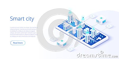 Smart city or intelligent building isometric vector concept. Building automation with computer networking illustration. Management Vector Illustration