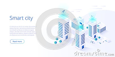 Smart city or intelligent building isometric vector concept. Building automation with computer networking illustration. Management Vector Illustration