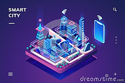 Smart city or isometric town with IoT or GPS tech Vector Illustration