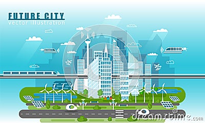 Smart city landscape of the future vector concept illustration in flat style. City urban skyline with modern Vector Illustration