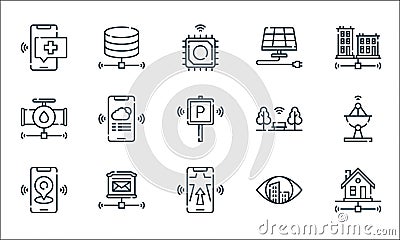smart city line icons. linear set. quality vector line set such as network, gps, location, vision, postbox, water system, hotspot Vector Illustration